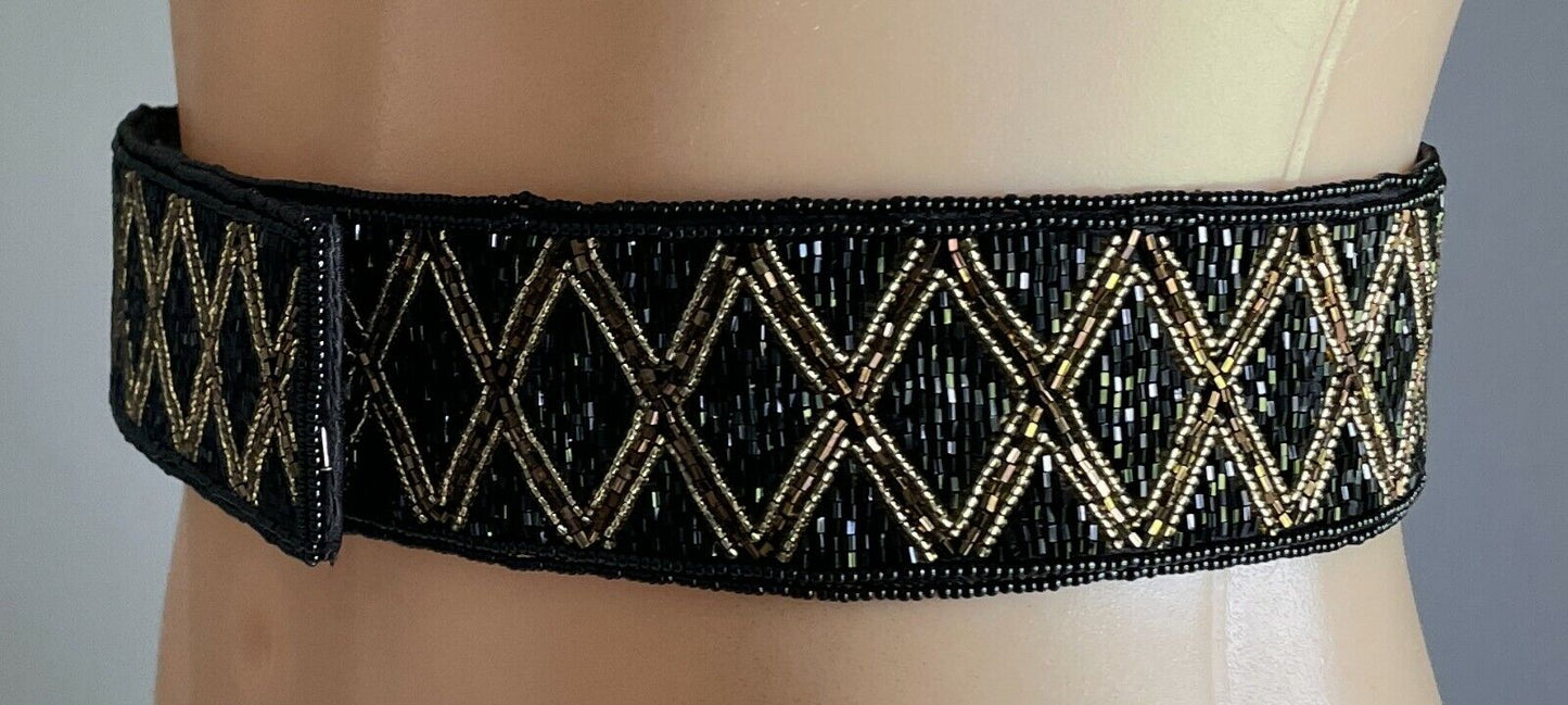 Ladies Belt TALBOTS Black Gold Bead Geo Pattern Fabric Backed Size XL 82cm Waist
