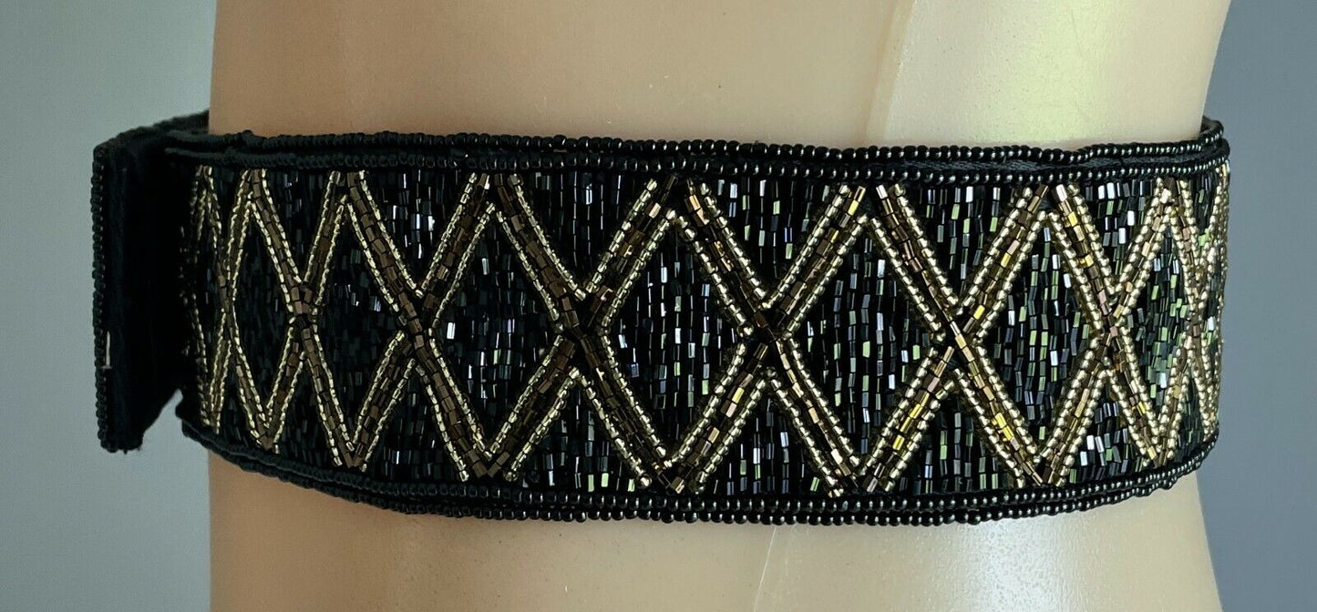 Ladies Belt TALBOTS Black Gold Bead Geo Pattern Fabric Backed Size XL 82cm Waist