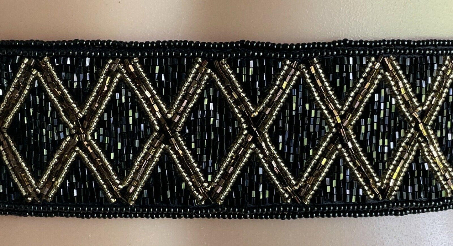 Ladies Belt TALBOTS Black Gold Bead Geo Pattern Fabric Backed Size XL 82cm Waist