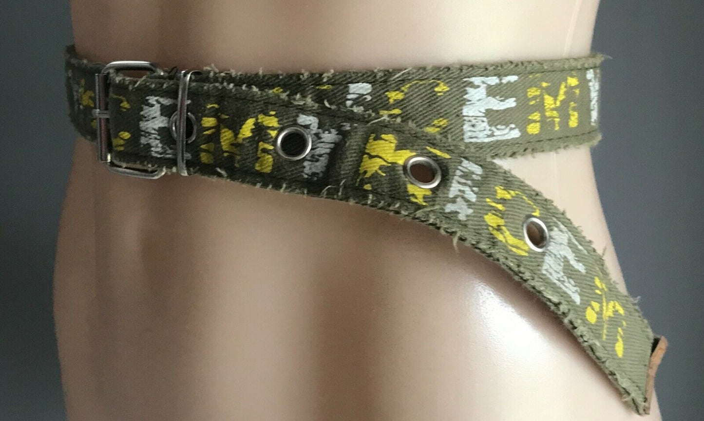 CANVAS Belt KICEMY 3.5cm Khaki Fabric w Yellow & White Print Ladies Size 12 - 14