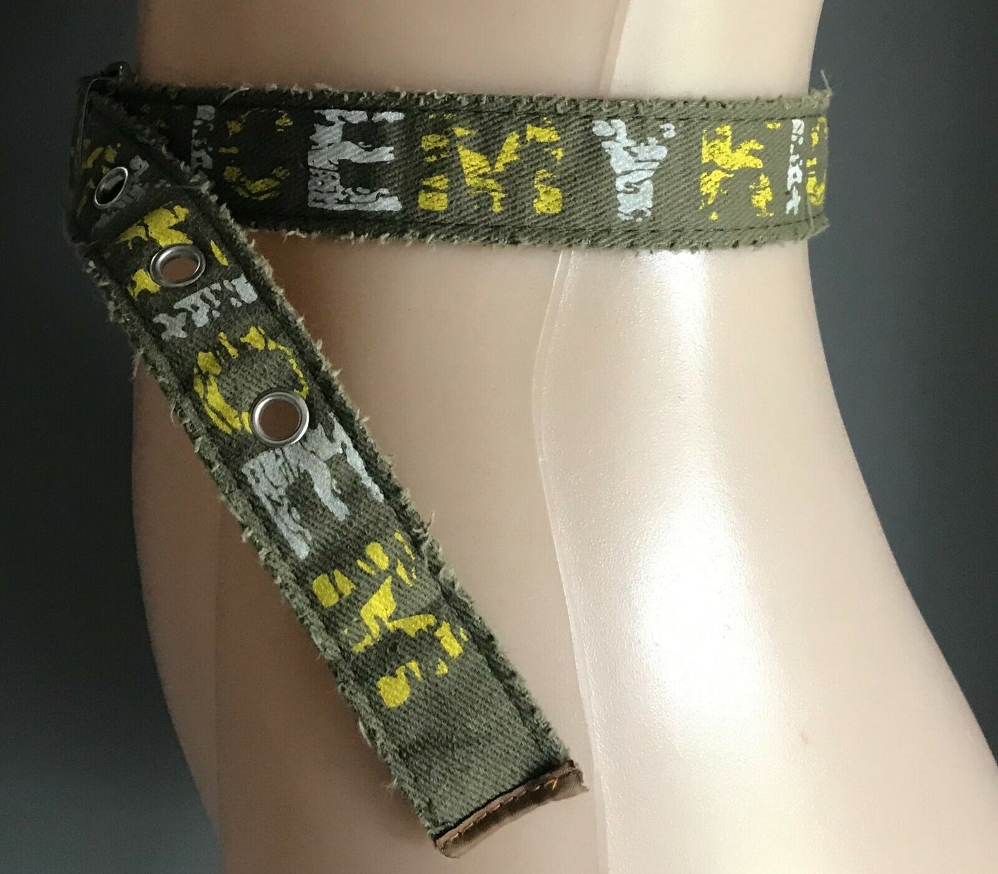 CANVAS Belt KICEMY 3.5cm Khaki Fabric w Yellow & White Print Ladies Size 12 - 14