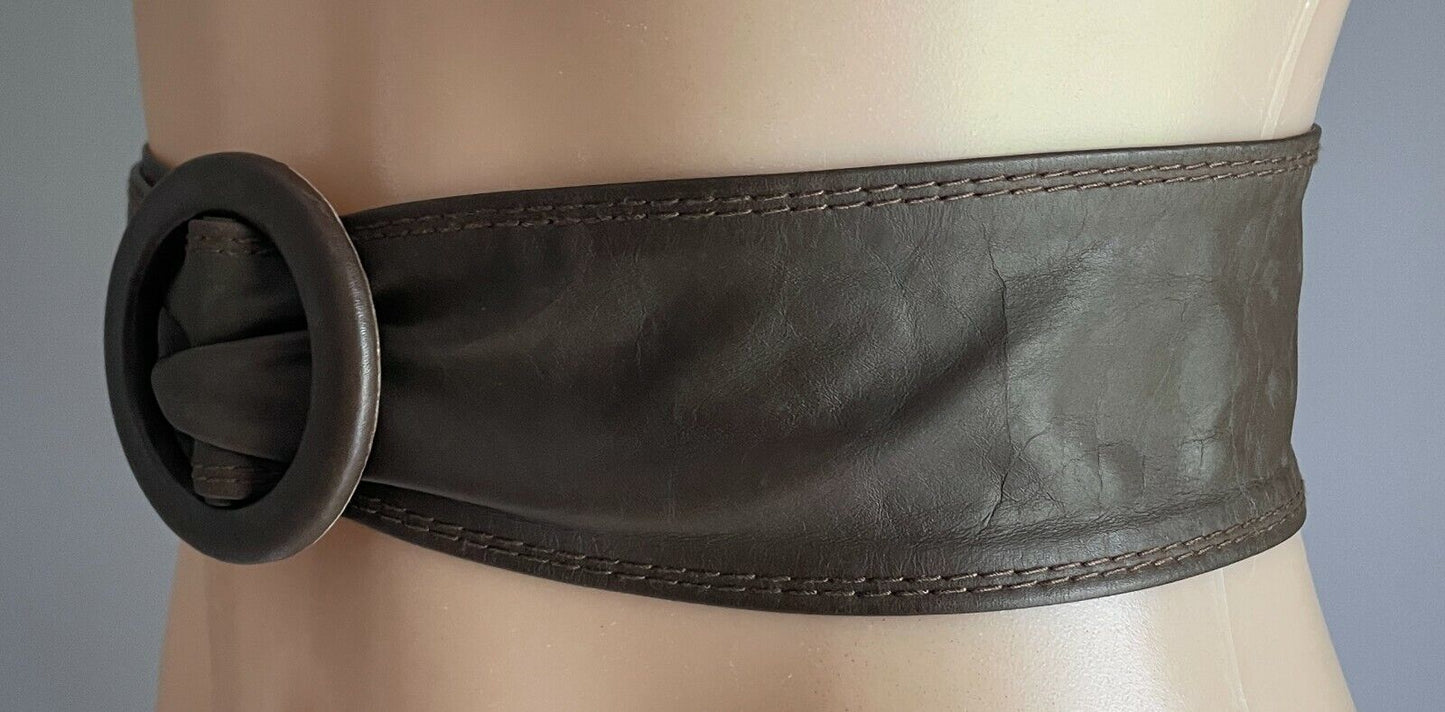 Ladies LEATHER Belt 6.5cm 1990's W Brown Sash Round Buckle Size 10 91cm