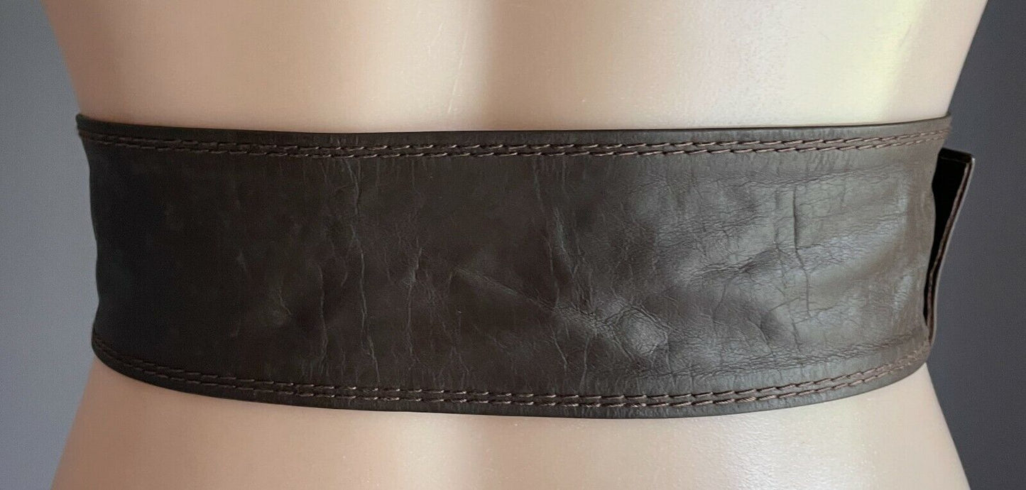 Ladies LEATHER Belt 6.5cm 1990's W Brown Sash Round Buckle Size 10 91cm