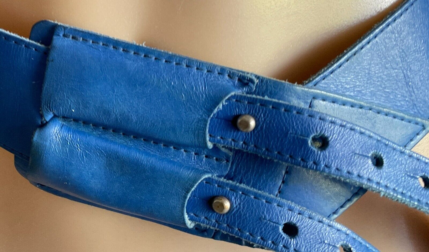 Ladies LEATHER Belt 5cm Blue Double Strap Press Through Stud Sz 10 12 80's Retro