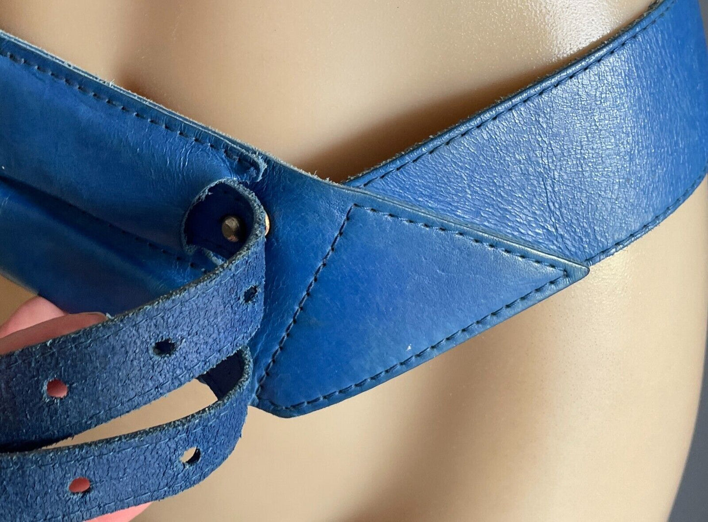 Ladies LEATHER Belt 5cm Blue Double Strap Press Through Stud Sz 10 12 80's Retro