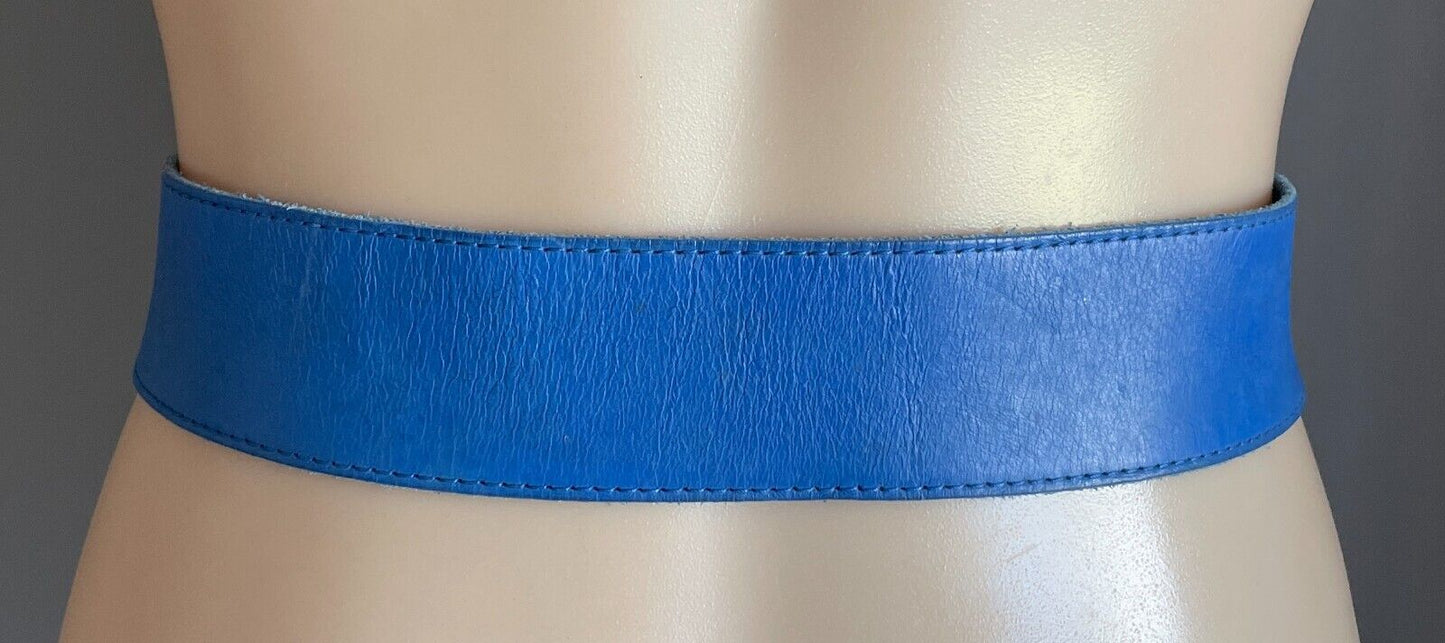 Ladies LEATHER Belt 5cm Blue Double Strap Press Through Stud Sz 10 12 80's Retro