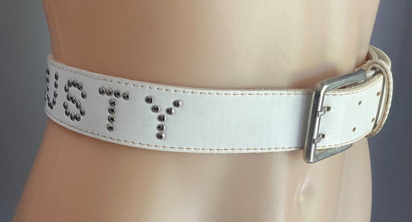 Ladies Belt RUSTY 4cm White PVC & Silver Stud Trim Sz M Fit Waist 82 102cm 90's