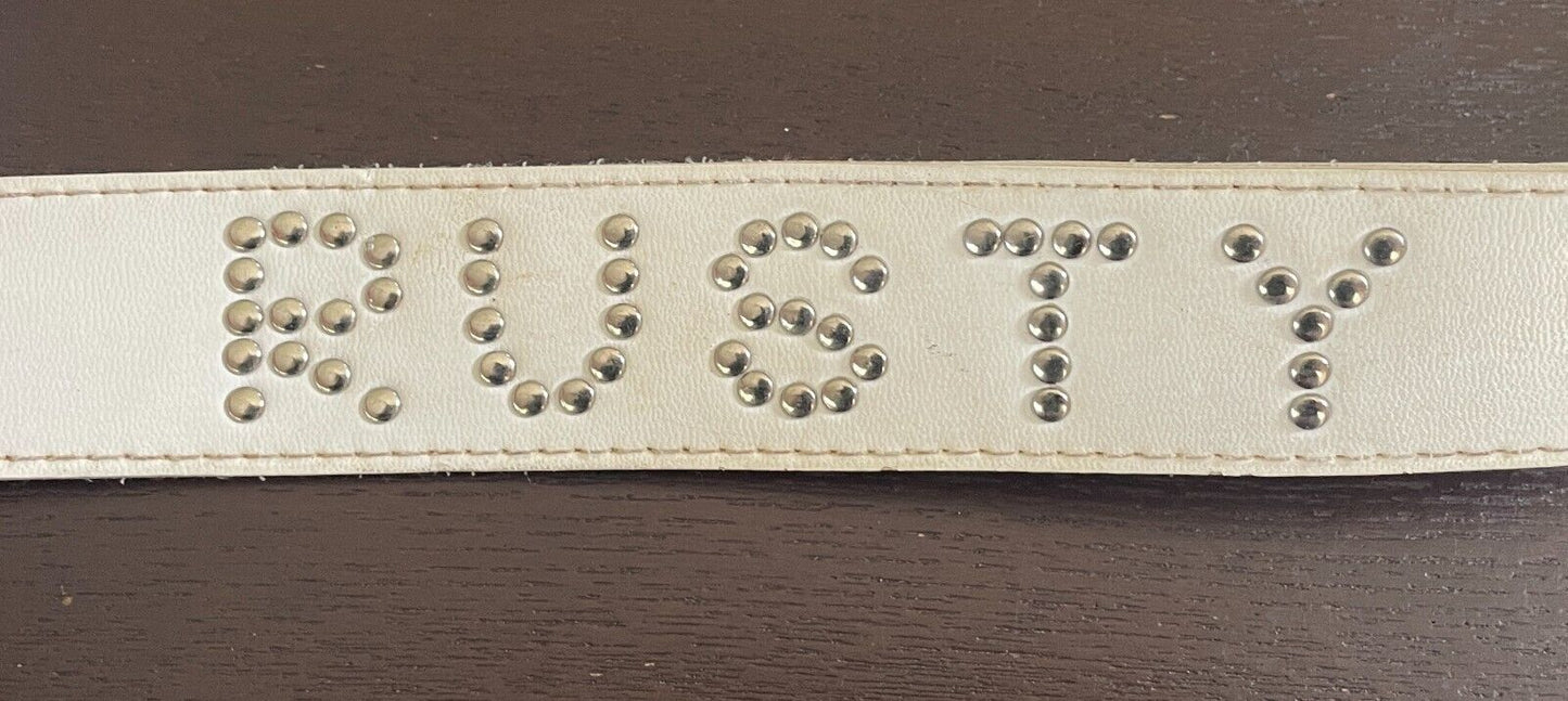 Ladies Belt RUSTY 4cm White PVC & Silver Stud Trim Sz M Fit Waist 82 102cm 90's