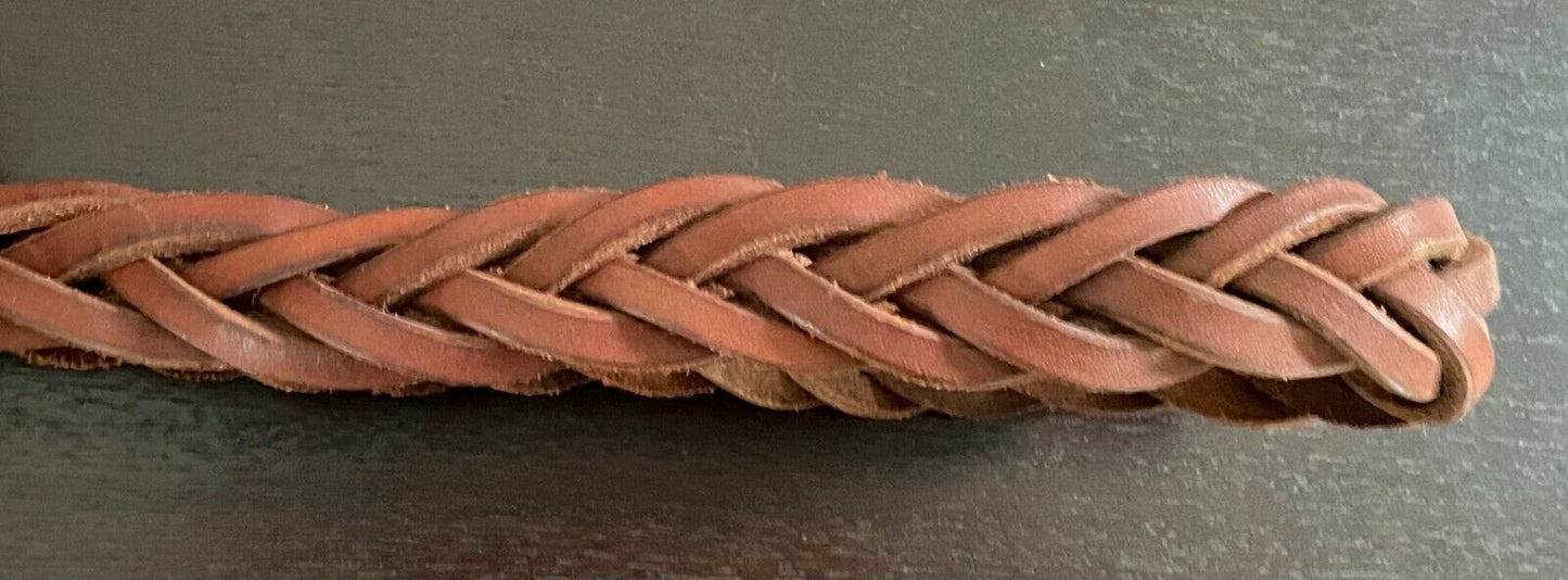 LEATHER Belt Plaited 3.5cm TANNED Braided HORSESHOE BRASS Buckle Waist 96 106cm