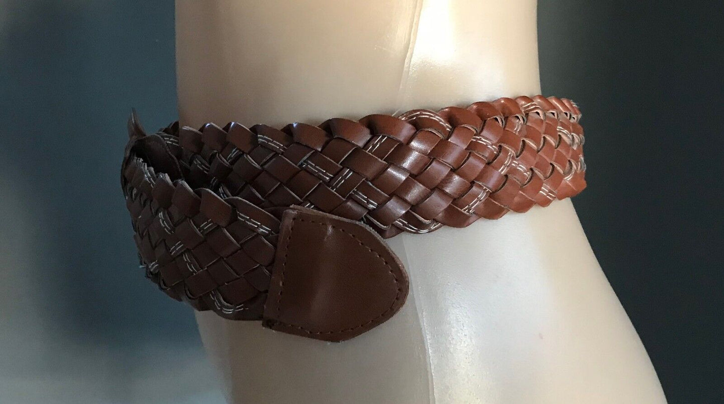 Ladies Belt Pleather 5cm WOVEN TAN White Stitch Trim Size 10 14 BOHO