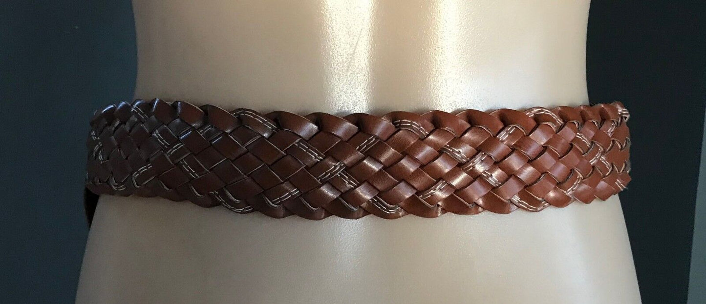 Ladies Belt Pleather 5cm WOVEN TAN White Stitch Trim Size 10 14 BOHO