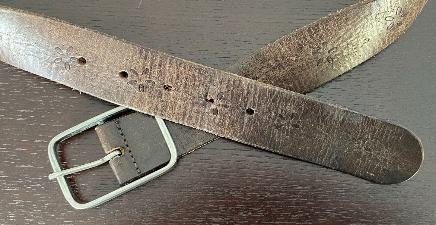 Ladies LEATHER Belt 4cm Tan Embossed Flowers Fit Essential Waist 81cm - 91cm