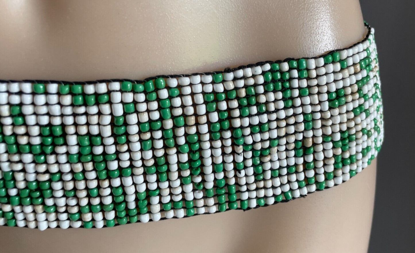 Ladies Belt Elastic BOHO Green White Glass Bead Slides On & Off Sz 12 - 14