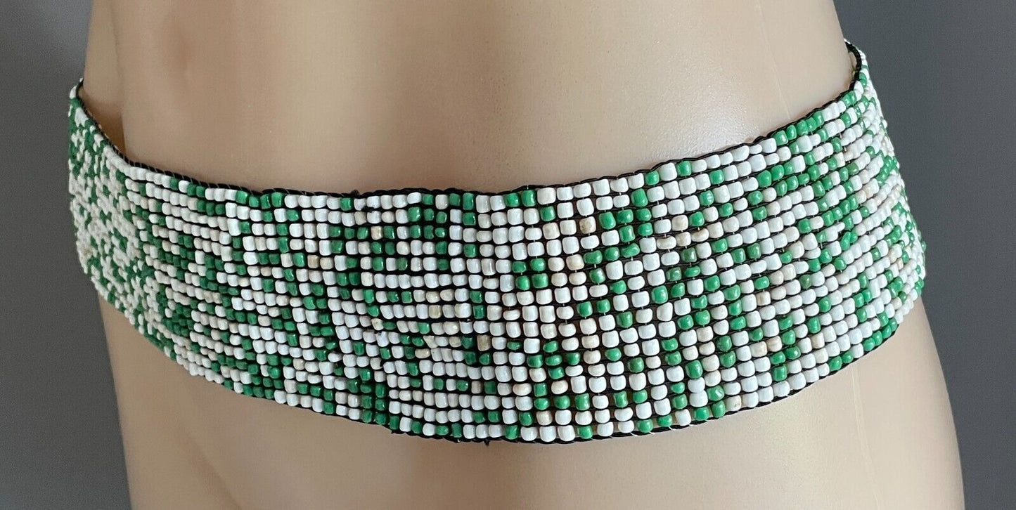 Ladies Belt Elastic BOHO Green White Glass Bead Slides On & Off Sz 12 - 14