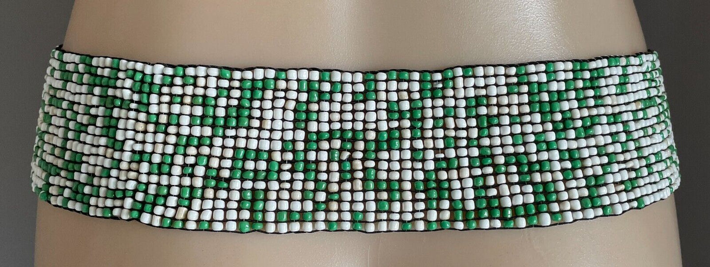 Ladies Belt Elastic BOHO Green White Glass Bead Slides On & Off Sz 12 - 14