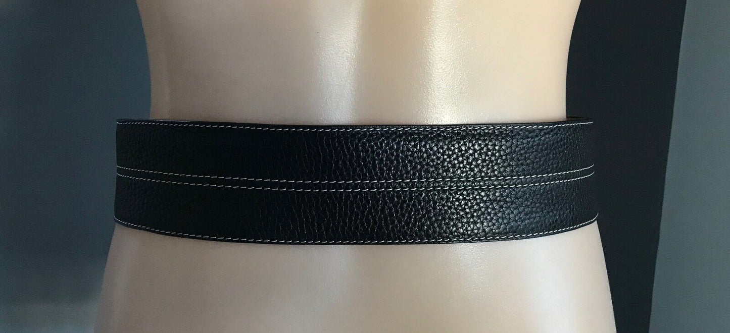 Ladies LEATHER Belt 5.5cm Wide Back & Tan Grain White Stitch Trim M 10 12