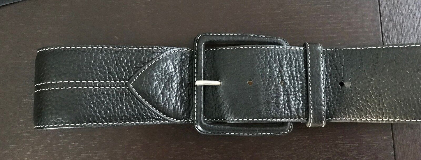 Ladies LEATHER Belt 5.5cm Wide Back & Tan Grain White Stitch Trim M 10 12