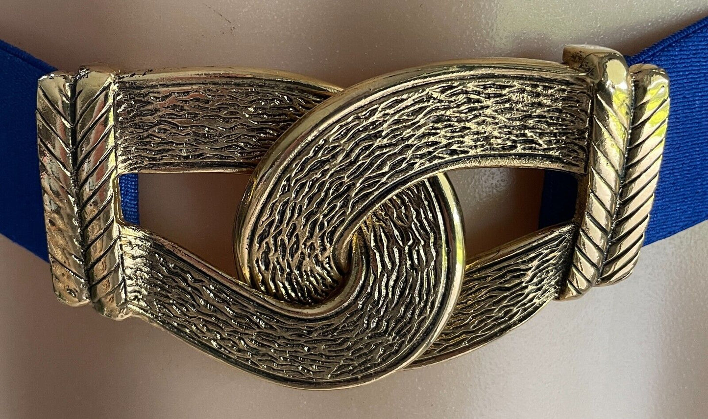 Ladies Belt Blue Gold Metal Interlock Buckles Adjustable to 105cm Waist Retro