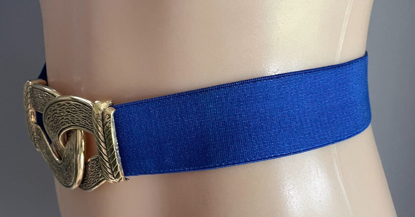 Ladies Belt Blue Gold Metal Interlock Buckles Adjustable to 105cm Waist Retro