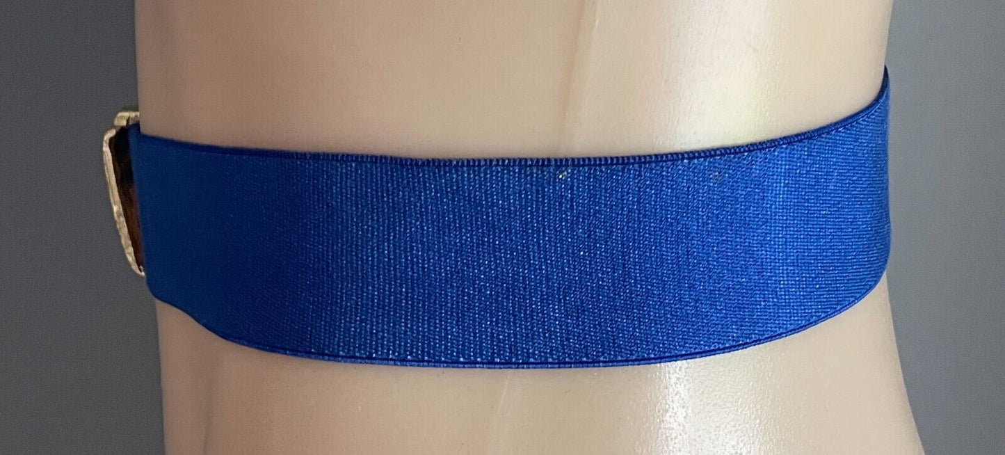 Ladies Belt Blue Gold Metal Interlock Buckles Adjustable to 105cm Waist Retro