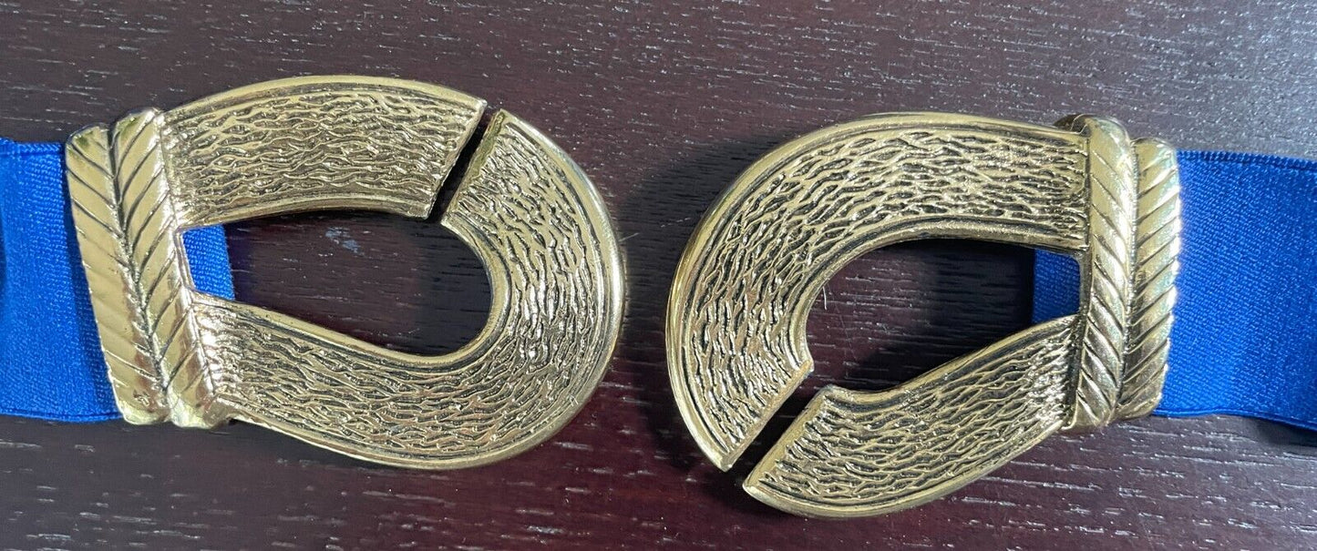 Ladies Belt Blue Gold Metal Interlock Buckles Adjustable to 105cm Waist Retro