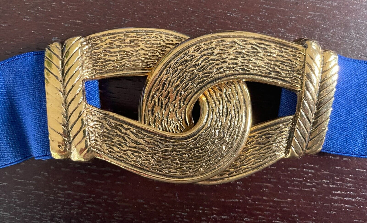 Ladies Belt Blue Gold Metal Interlock Buckles Adjustable to 105cm Waist Retro