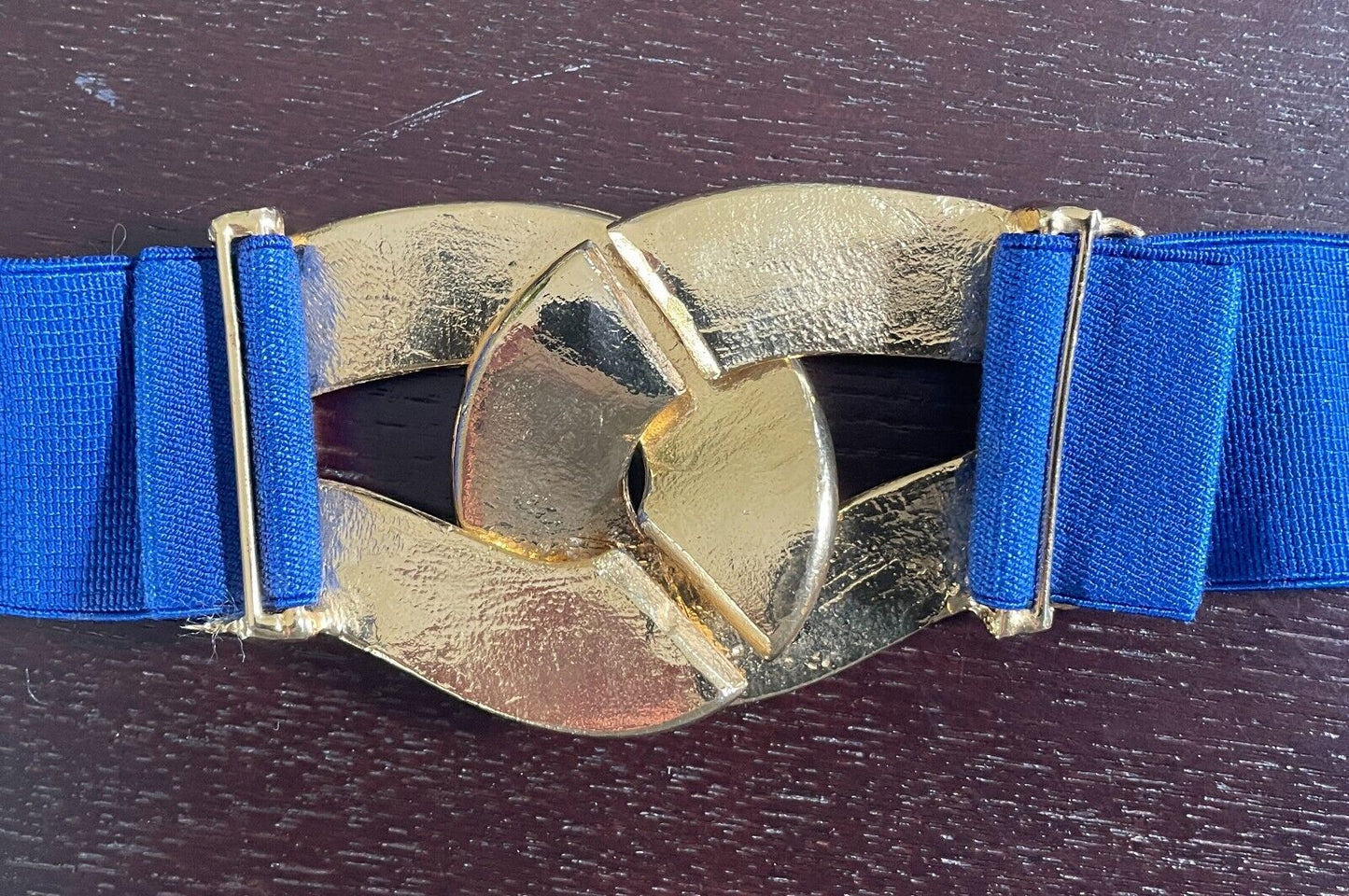 Ladies Belt Blue Gold Metal Interlock Buckles Adjustable to 105cm Waist Retro