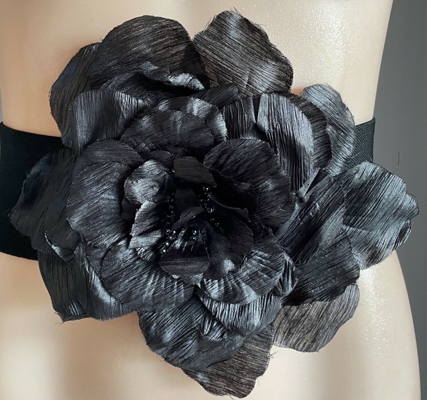 Ladies Belt Elastic 7.5cm Black Wide Beaded Flower at Buckle Size 10 - 12