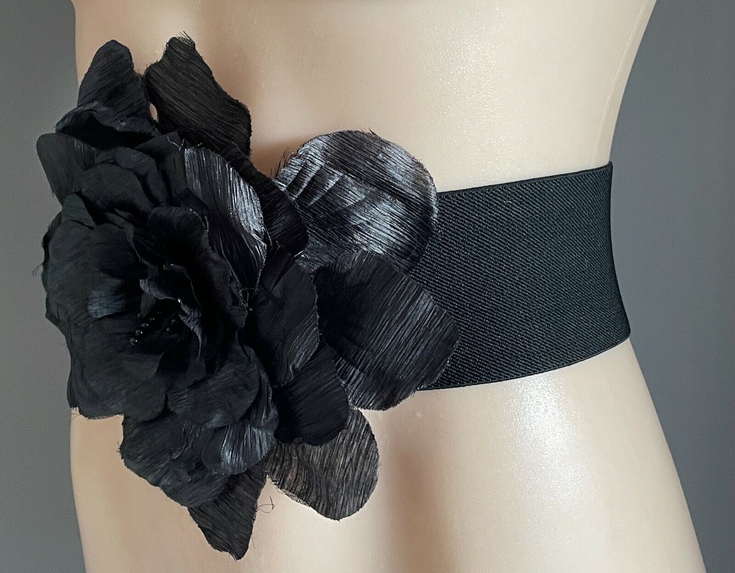 Ladies Belt Elastic 7.5cm Black Wide Beaded Flower at Buckle Size 10 - 12