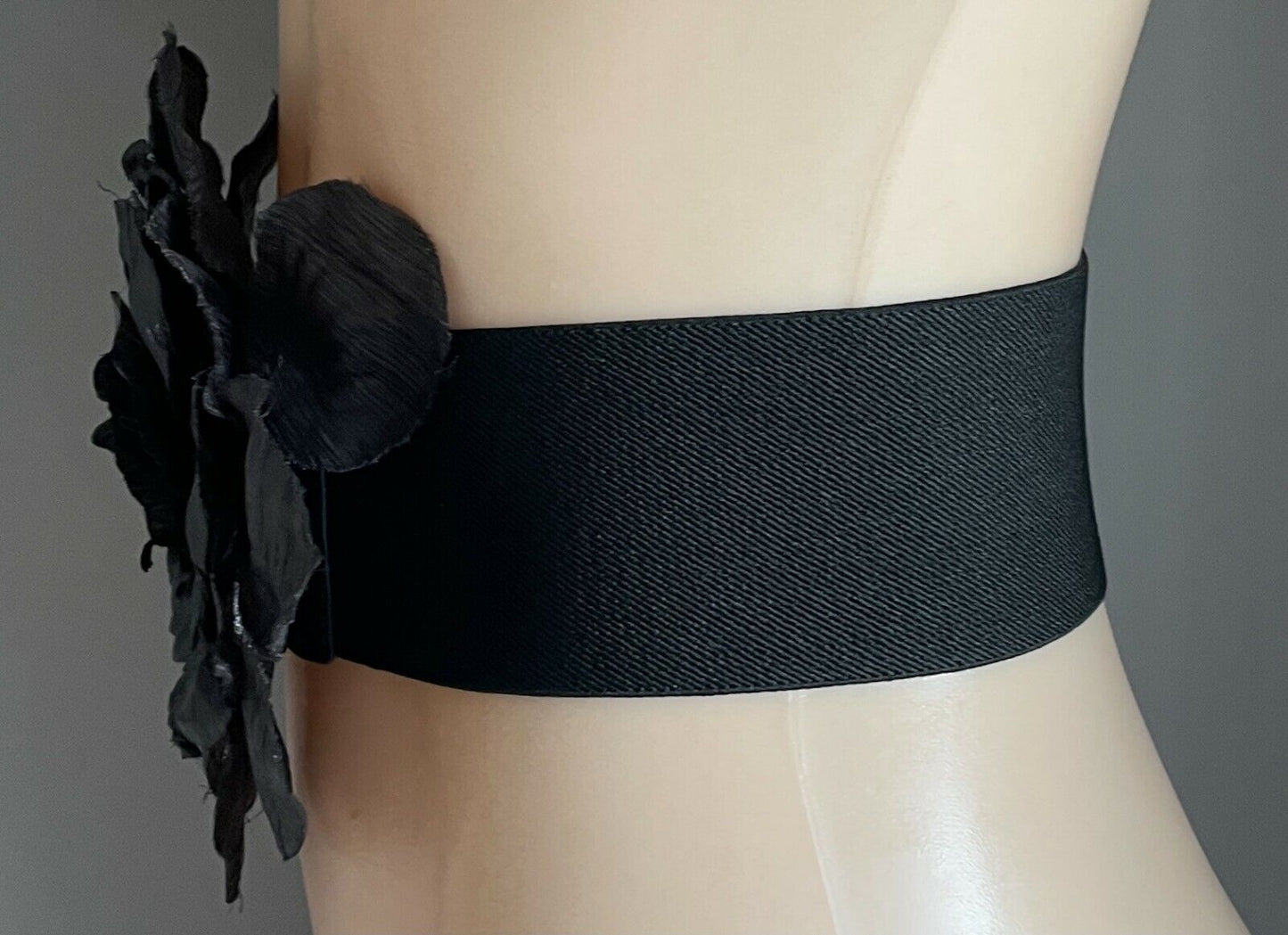 Ladies Belt Elastic 7.5cm Black Wide Beaded Flower at Buckle Size 10 - 12