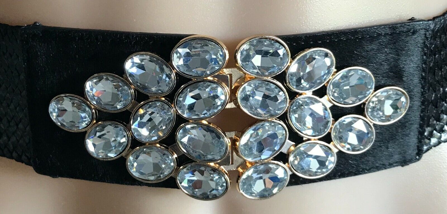 Ladies Belt Elastic Black Rattan Lg CRYSTAL Stone Gold Clasp Buckle Sz 10 12 NEW