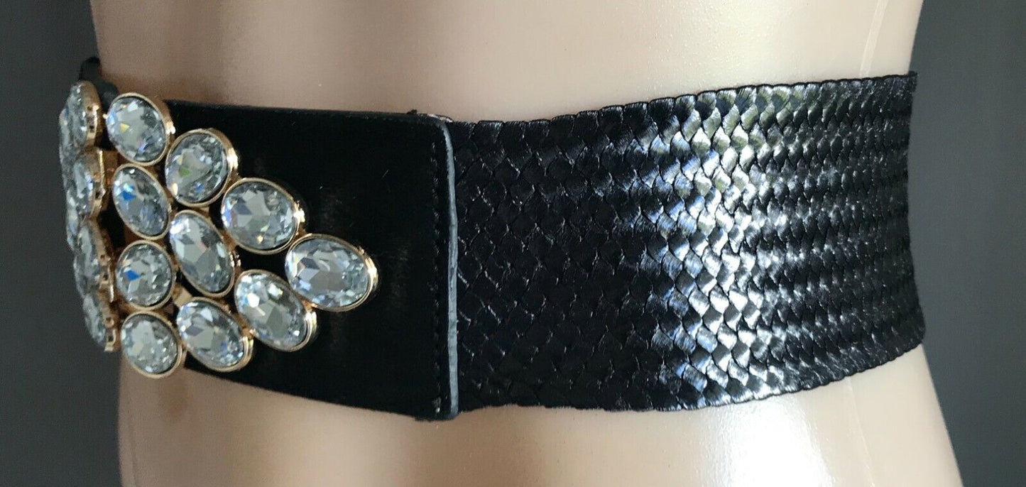 Ladies Belt Elastic Black Rattan Lg CRYSTAL Stone Gold Clasp Buckle Sz 10 12 NEW