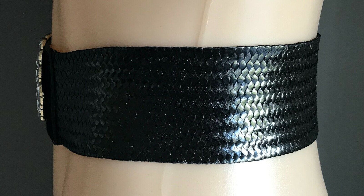 Ladies Belt Elastic Black Rattan Lg CRYSTAL Stone Gold Clasp Buckle Sz 10 12 NEW
