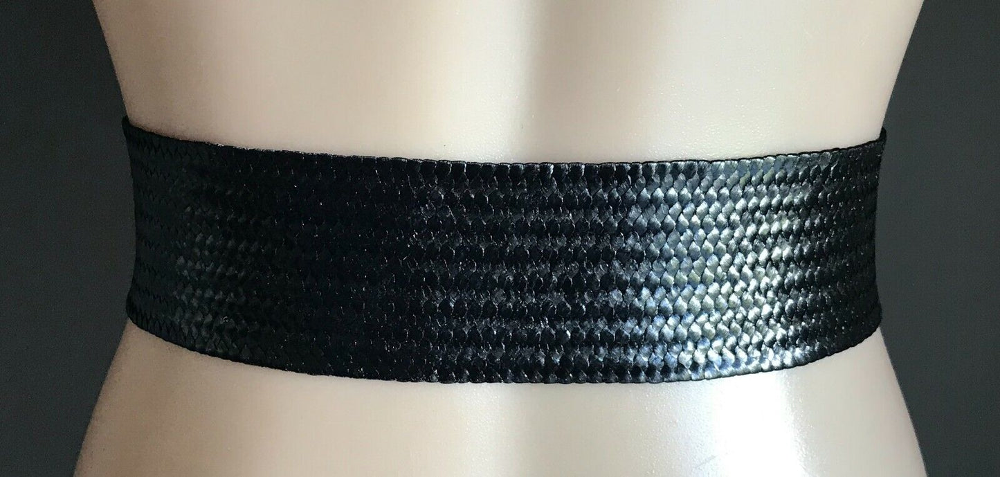 Ladies Belt Elastic Black Rattan Lg CRYSTAL Stone Gold Clasp Buckle Sz 10 12 NEW