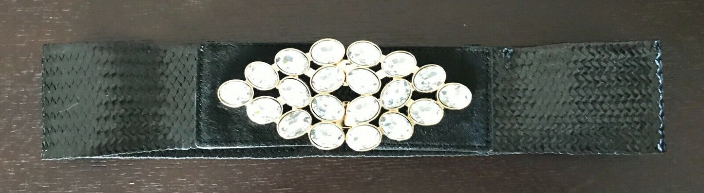 Ladies Belt Elastic Black Rattan Lg CRYSTAL Stone Gold Clasp Buckle Sz 10 12 NEW