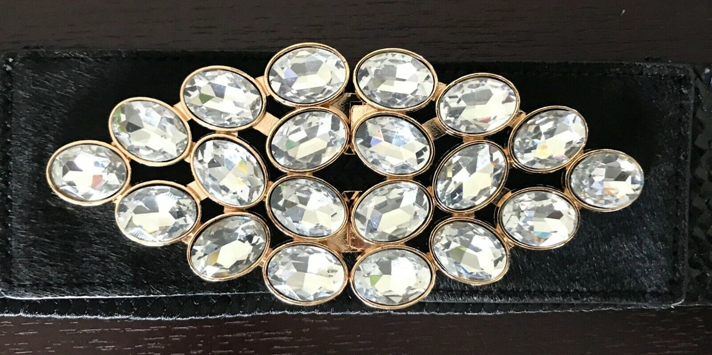 Ladies Belt Elastic Black Rattan Lg CRYSTAL Stone Gold Clasp Buckle Sz 10 12 NEW