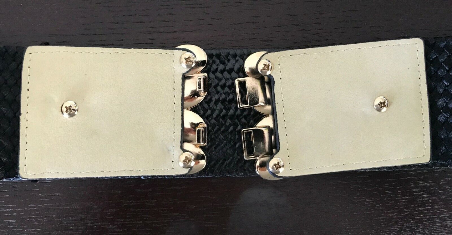 Ladies Belt Elastic Black Rattan Lg CRYSTAL Stone Gold Clasp Buckle Sz 10 12 NEW