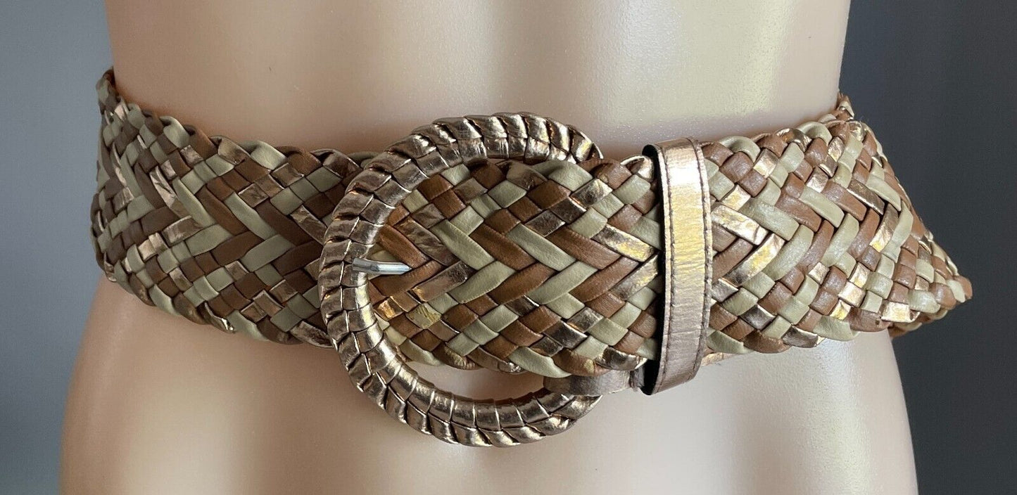 Ladies Belt Pleather Woven Gold Beige Brown Large Buckle Size M 12 NEW