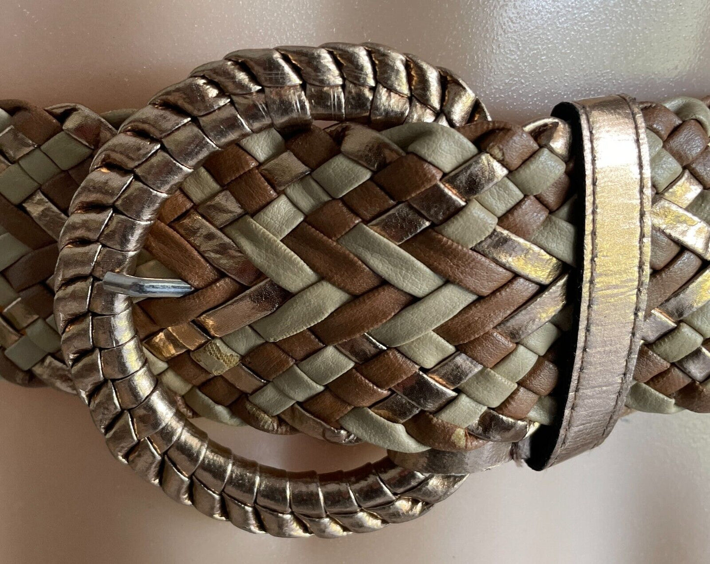 Ladies Belt Pleather Woven Gold Beige Brown Large Buckle Size M 12 NEW