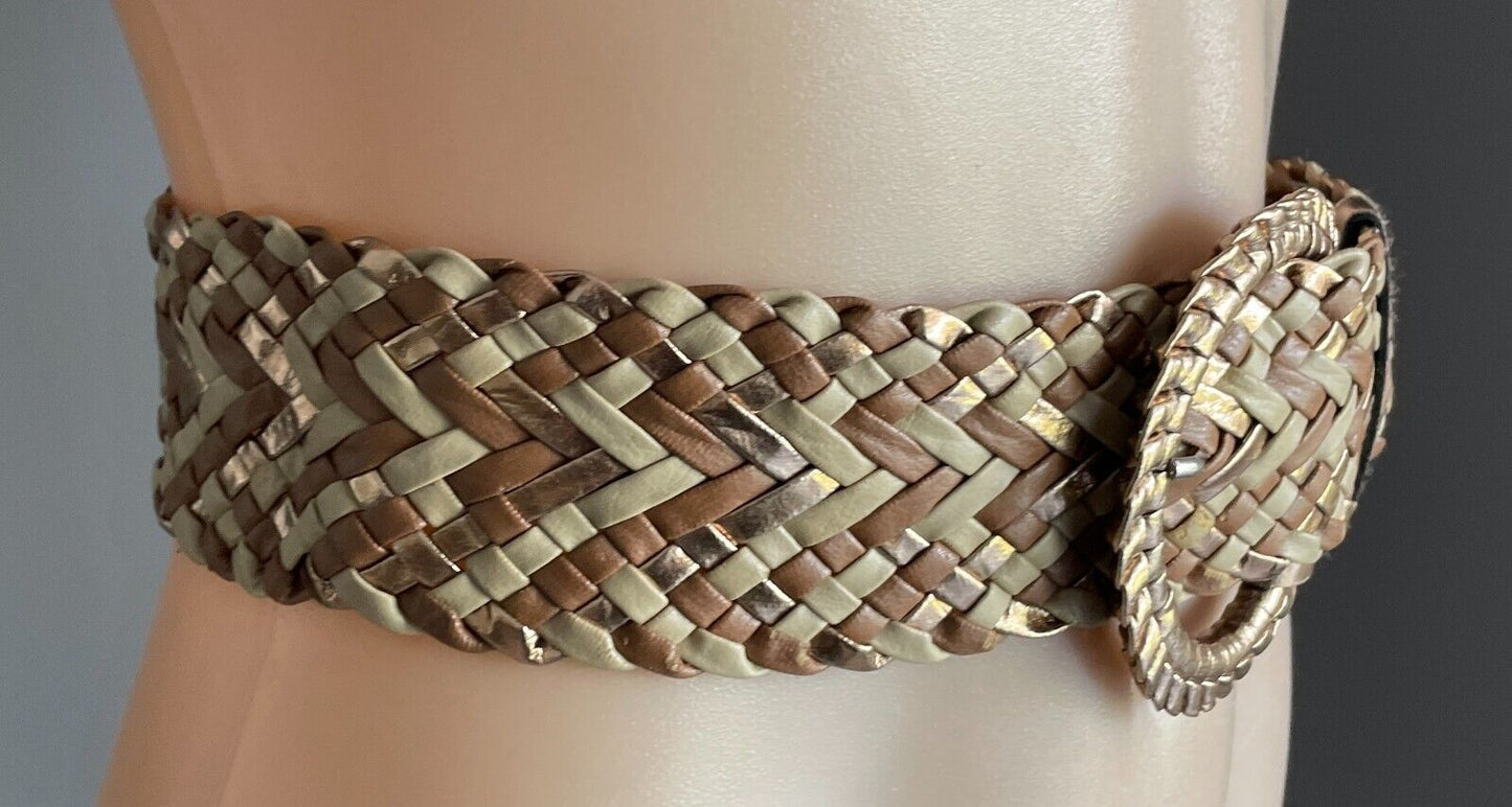 Ladies Belt Pleather Woven Gold Beige Brown Large Buckle Size M 12 NEW