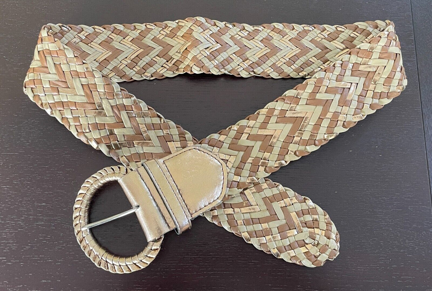 Ladies Belt Pleather Woven Gold Beige Brown Large Buckle Size M 12 NEW
