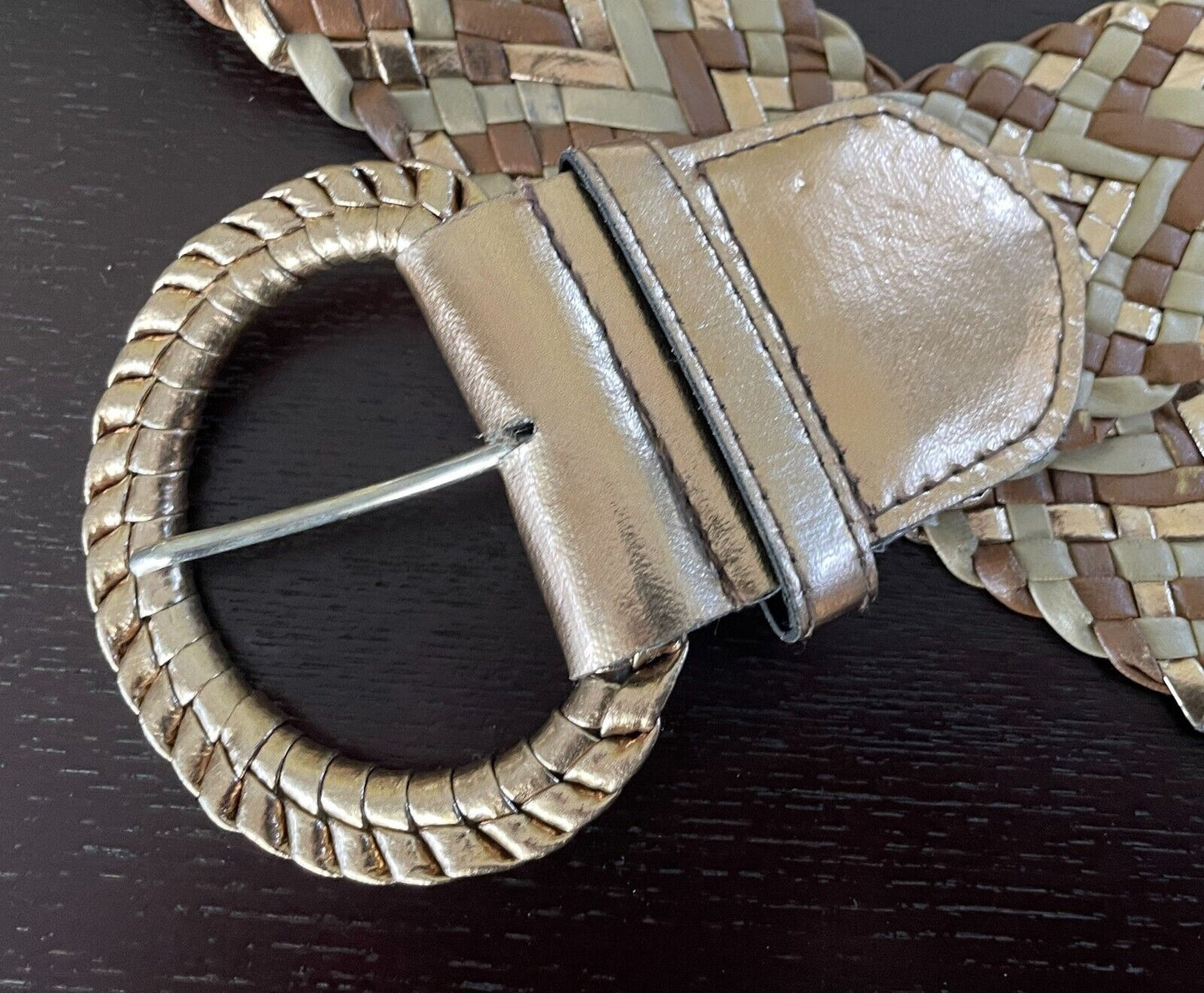 Ladies Belt Pleather Woven Gold Beige Brown Large Buckle Size M 12 NEW