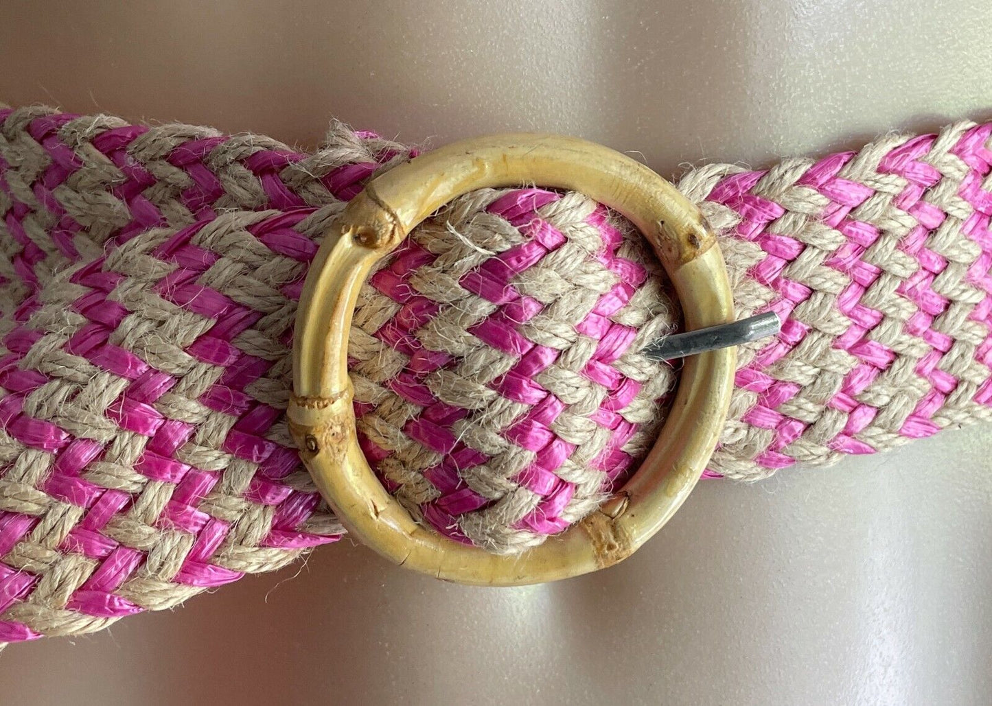Ladies Belt Woven Straw Pink & Natural Colour w Large Bamboo Buckle Sz S 10 NEW