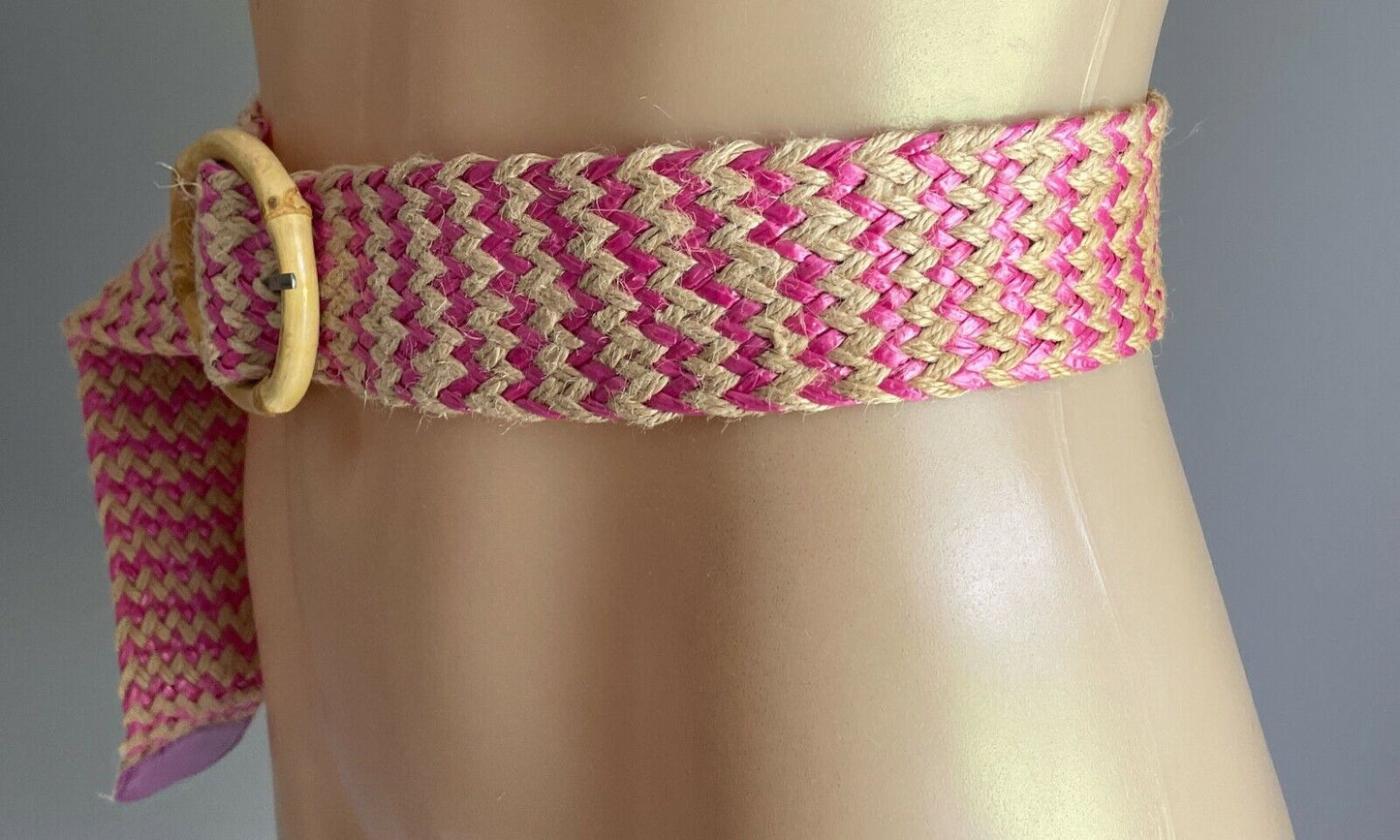 Ladies Belt Woven Straw Pink & Natural Colour w Large Bamboo Buckle Sz S 10 NEW