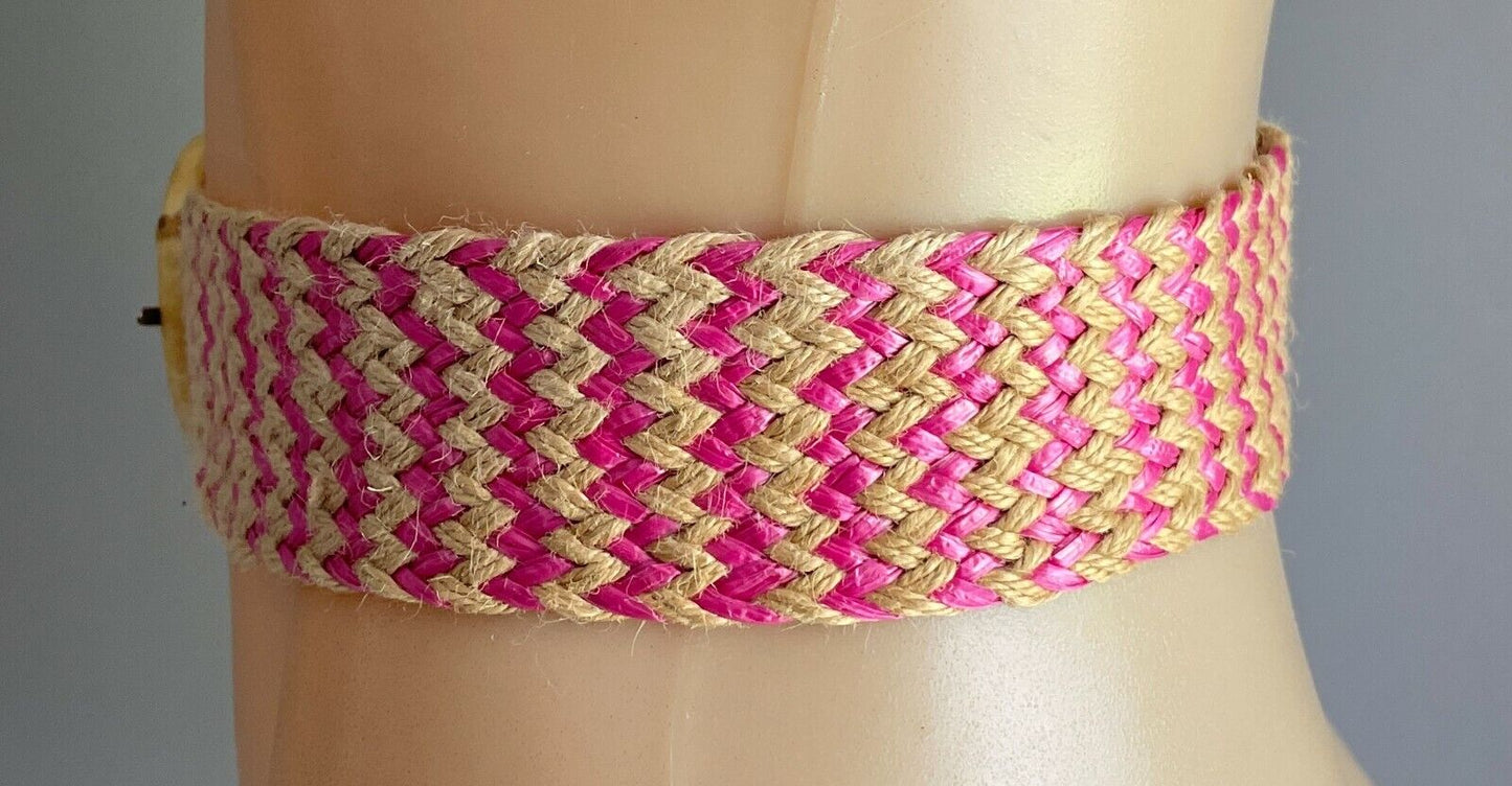 Ladies Belt Woven Straw Pink & Natural Colour w Large Bamboo Buckle Sz S 10 NEW