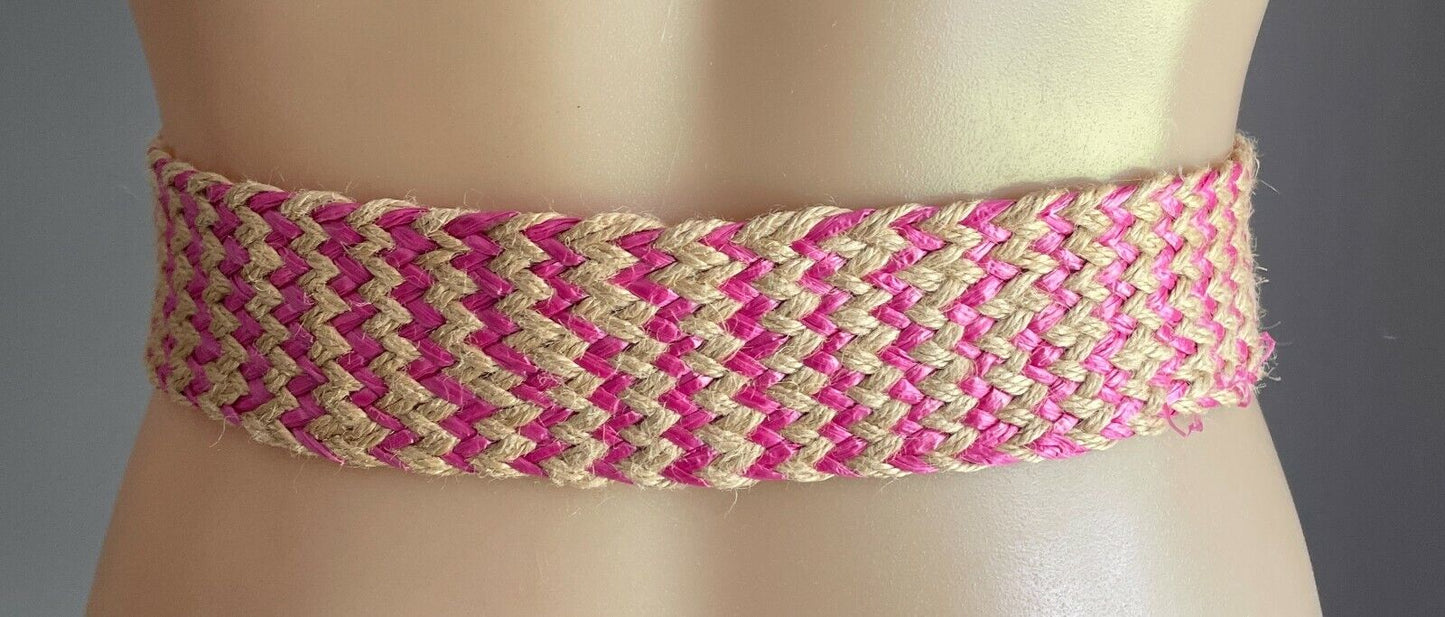 Ladies Belt Woven Straw Pink & Natural Colour w Large Bamboo Buckle Sz S 10 NEW