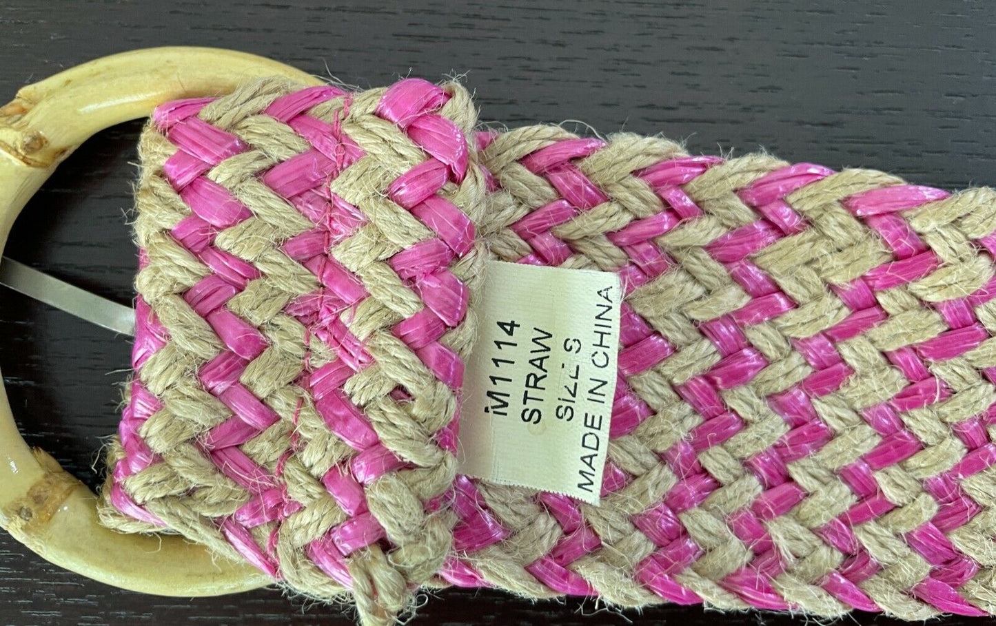 Ladies Belt Woven Straw Pink & Natural Colour w Large Bamboo Buckle Sz S 10 NEW