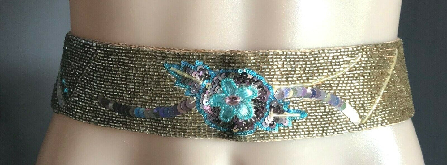 ECCLISSE by BUCKLE Ladies Belt Tie Gold Silk Bead Sequin Embellished Ribbon NEW