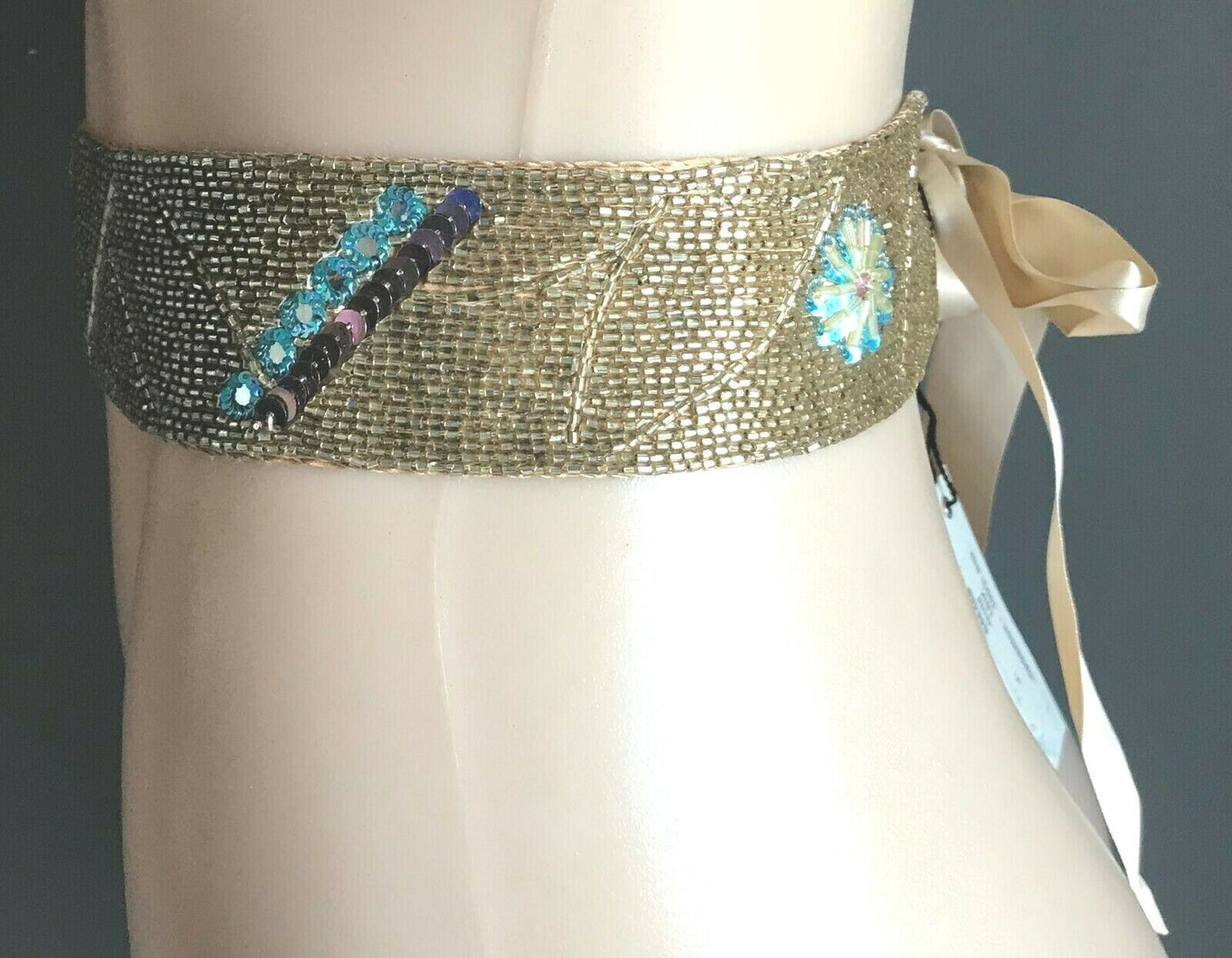 ECCLISSE by BUCKLE Ladies Belt Tie Gold Silk Bead Sequin Embellished Ribbon NEW