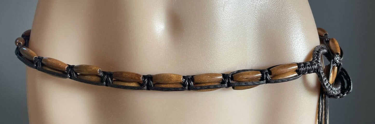 Ladies Belt Pleather 131cm Brown Wood Bead Woven Knot Tie Belt Sz 8 12 NEW